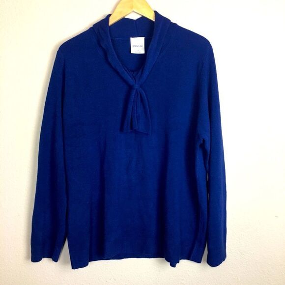 Bedford Fair Blue Bow Neck Sweater Soft Knit 1X Plus Size Classic Fall Cozy - Picture 1 of 7